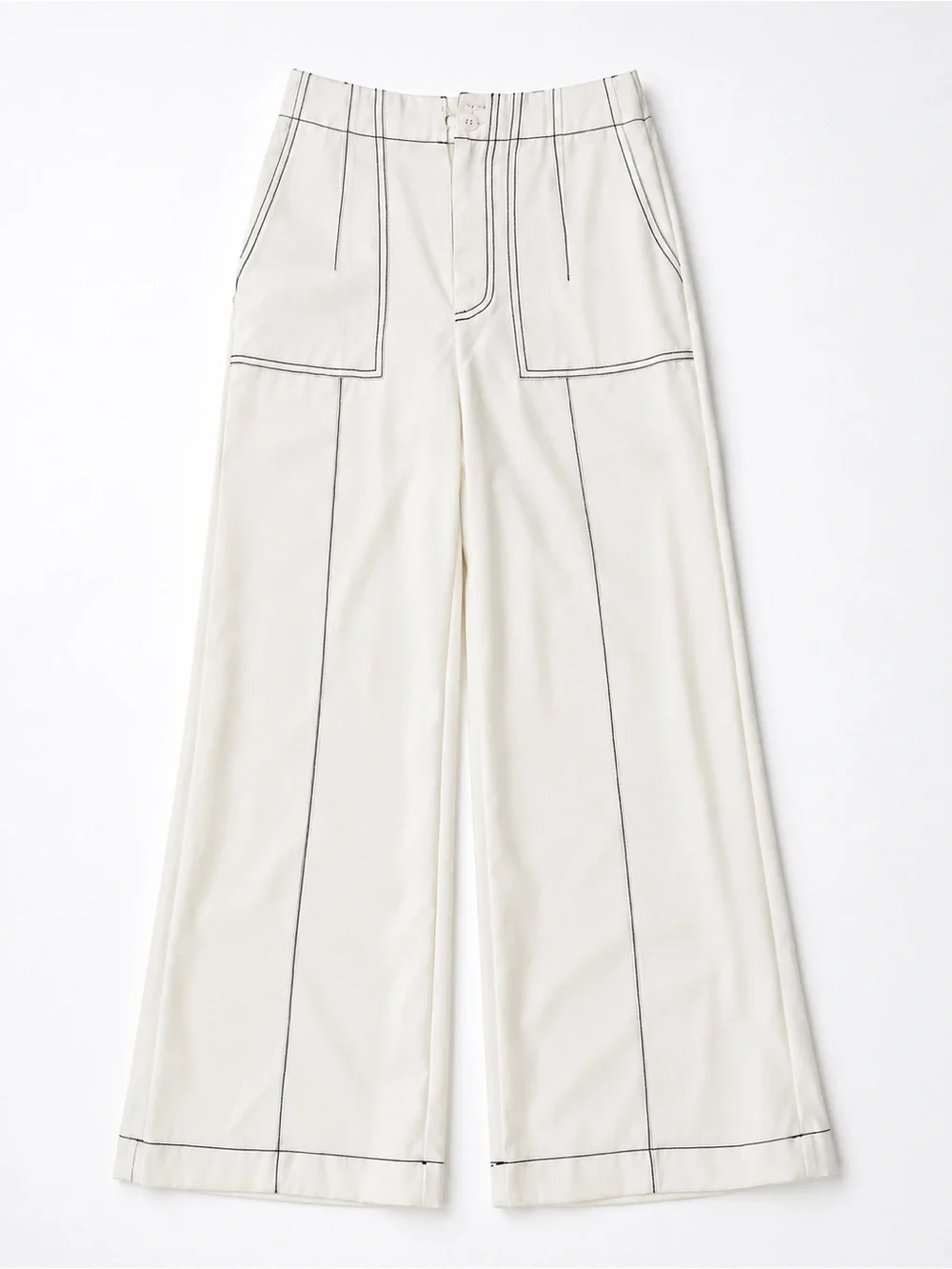 Women’s White High-Waisted Wide Leg Pants with Contrast Stitching
